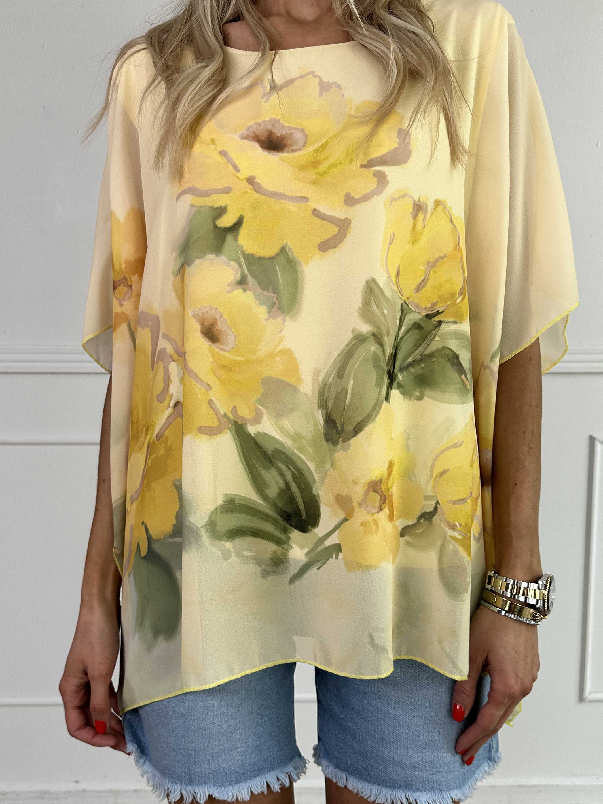 Mirabella Shirt - Söt tunika med löst chiffonglager med blommiga motiv